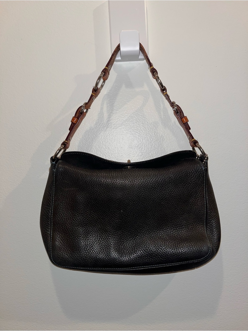 Coach Black and Tan Pebble Leather Shoulder Bag with Brown Chain-Link Strap